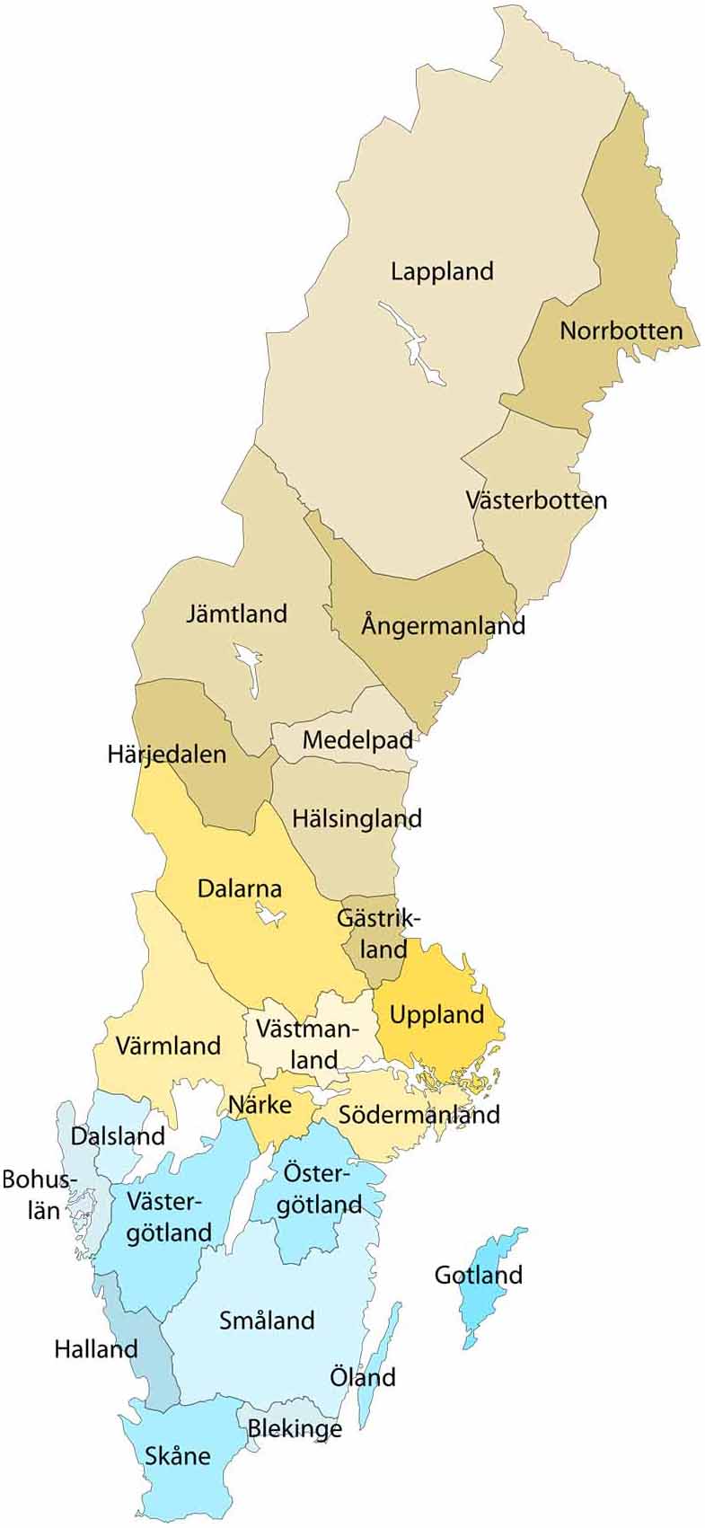 Karta p Sverige indelat i alla landskap